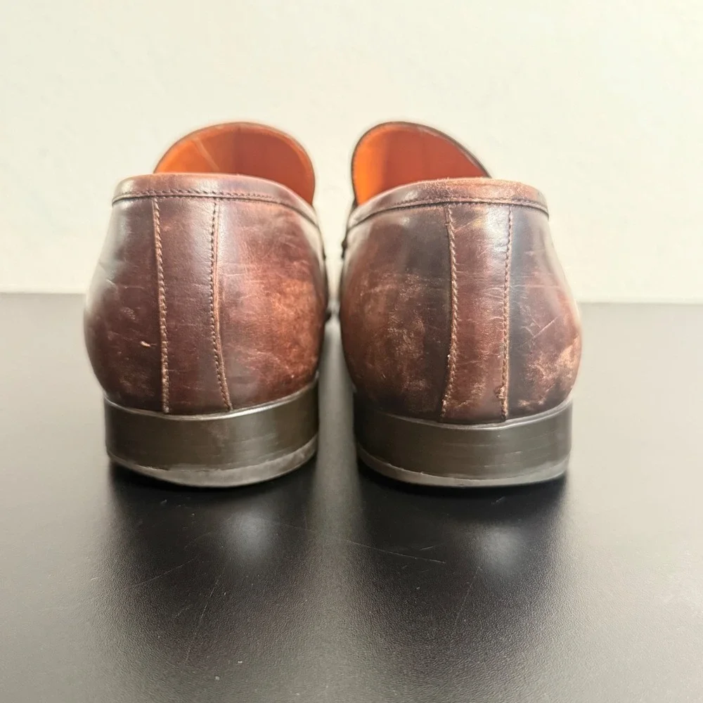 Santoni Penny Loafer Mens 11.5 Brown Leather Burnished Apron Toe Made in Italy